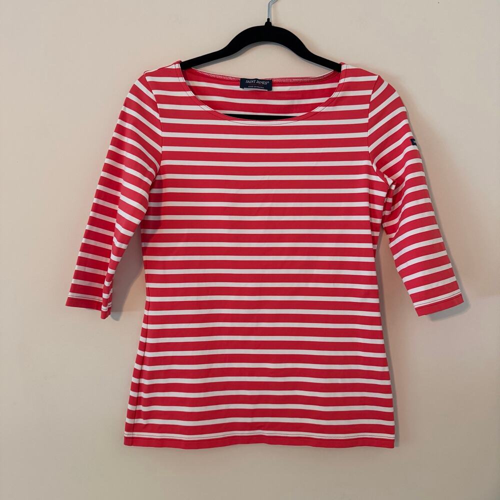 Saint James Red & White Stripe Nautical Boat Neck 3/4 Sleeve Top Size 6 XS
